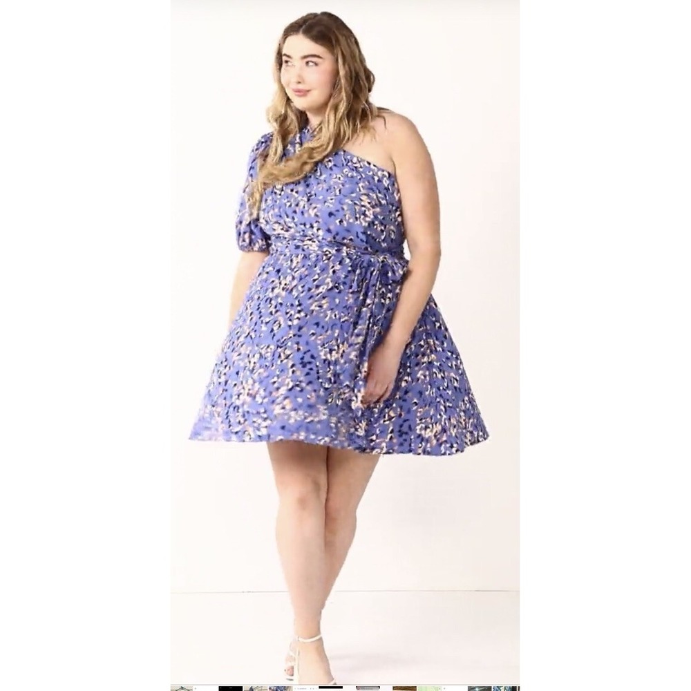 Nine West Womens XL Blue Leopard Print One Shoulder Tie Waist Mini Dress XL - Picture 3 of 8